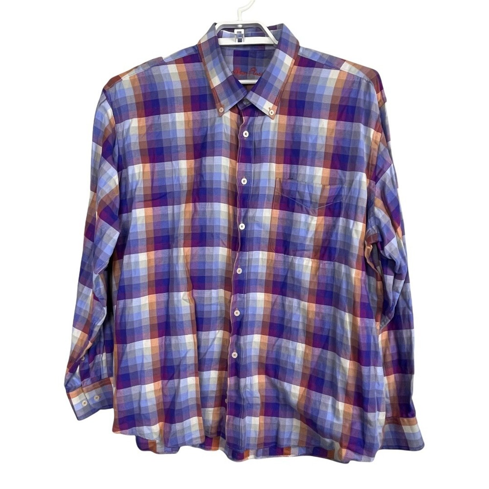 Alan Flusser Men's Sz XXL Lavender Blue Orange Plaid Button Up Long Sleeve Shirt